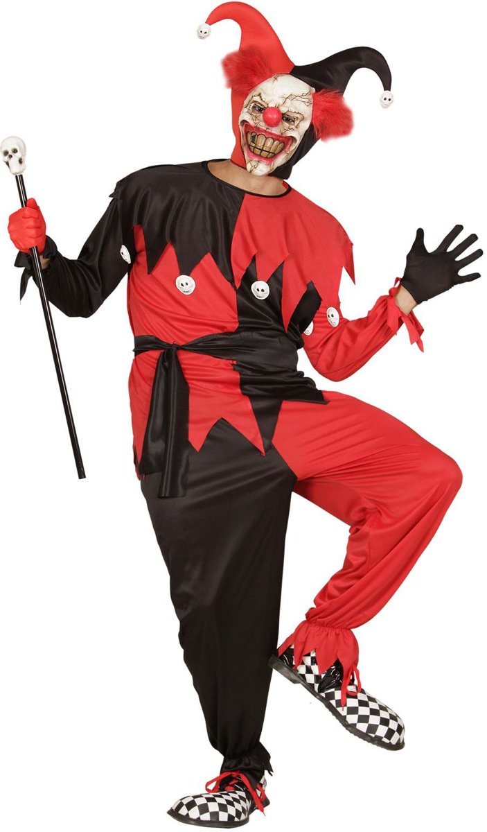 Monster & Griezel Kostuum | Jolige Evil Jester Zwart / Rood | Man | Large | Halloween | Verkleedkleding